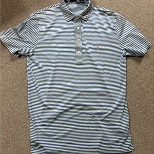 Ralph Lauren Navy and Yellow Striped Golf Polo. embroidered ducks on the chest.